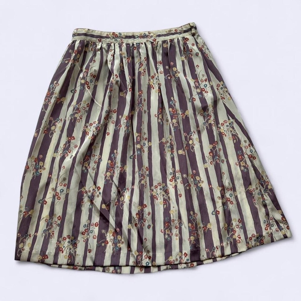 Vintage Midi Skirt Panther Size 25W Purple Striped Floral Twee Silky A-Line
